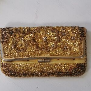 Vintage 50s,60s Yellow Gold Beaded Sequin Clutch Sequins Fold Over Clutch Bag